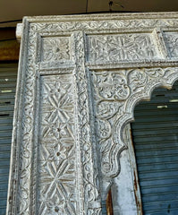 Antique Handmade Carved Indian Jharokha Solid Hard Wood Large Arch White