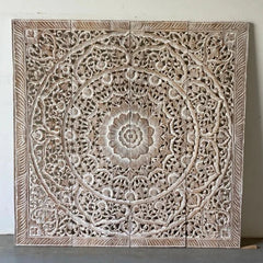 Mandala Carvings Handmade Wooden Reclaimed Wall Hanging Panel Whitewash