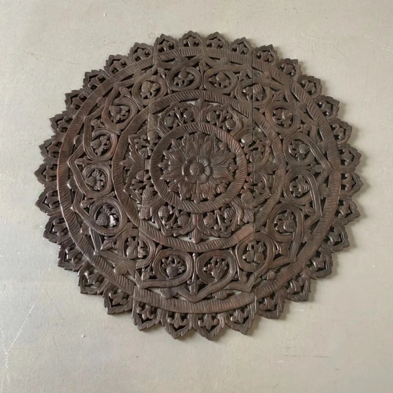 Handmade Indian Solid Hard Wood Circular Dark Brown Floral Design Wall Art Panel