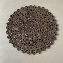 Handmade Indian Solid Hard Wood Circular Dark Brown Floral Design Wall Art Panel