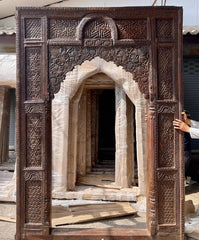 Antique Handmade Carved Indian Jharokha Solid Hard Wood Large Arch Dark Brown