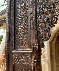 Antique Handmade Carved Indian Jharokha Solid Hard Wood Large Arch Dark Brown