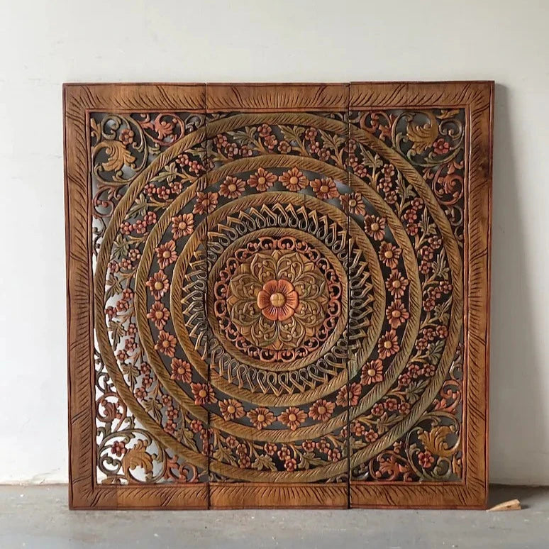 Hand Carved Wooden Mango Wood Wall Hanging Panel in Multicolor