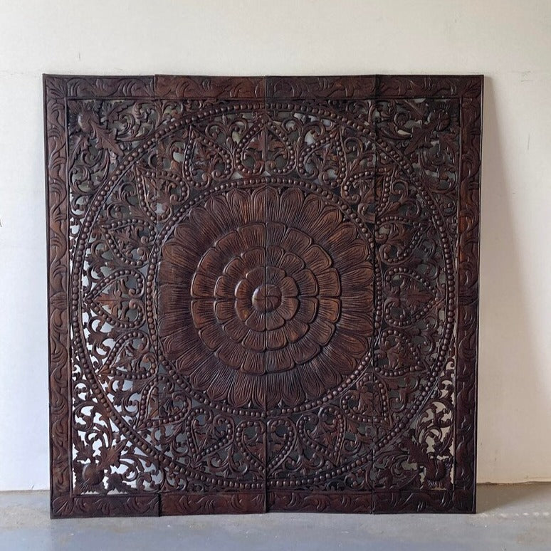 Carved Handmade Mango Wood Wall Hanging Panel in Dark Brown