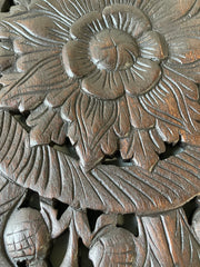 Handmade Indian Solid Hard Wood Circular Dark Brown Floral Design Wall Art Panel