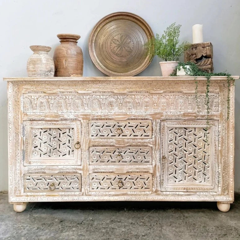 Carved Oasis Hand Carved Mango Wood Jali Work Wooden Buffet Sideboard in Distressed Whitewash