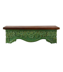 Hand Carved Mango Wood Wall Decor Floating Shelf for Living Room Green