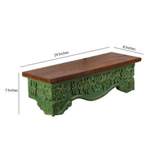 Hand Carved Mango Wood Wall Decor Floating Shelf for Living Room Green