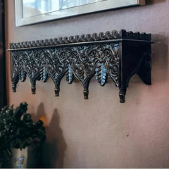 Hand Carved Mango Wood Wall Decor Floating Shelf for Living Room Black