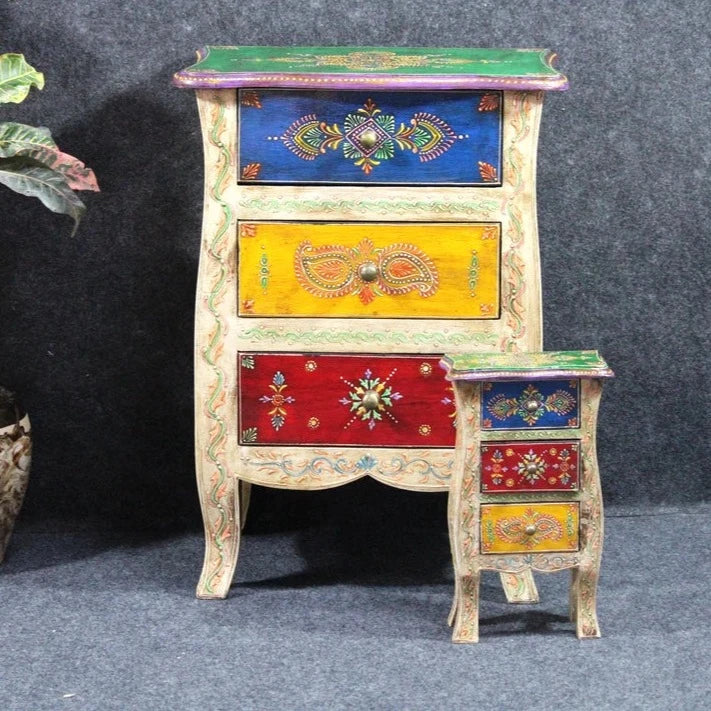 Brush & Timber Handmade Mango Wood Handpainted 3 Drawer Chest Bedside Table