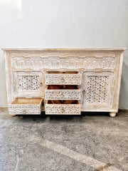 Carved Oasis Hand Carved Mango Wood Jali Work Wooden Buffet Sideboard in Distressed Whitewash