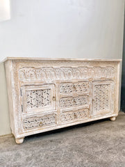 Carved Oasis Hand Carved Mango Wood Jali Work Wooden Buffet Sideboard in Distressed Whitewash