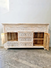 Carved Oasis Hand Carved Mango Wood Jali Work Wooden Buffet Sideboard in Distressed Whitewash