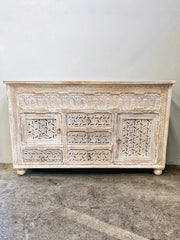 Carved Oasis Hand Carved Mango Wood Jali Work Wooden Buffet Sideboard in Distressed Whitewash