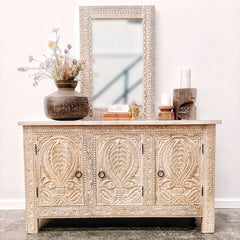 Carved Oasis Hand Carved Solid Mango Wood Wooden 3 Doors Sideboard