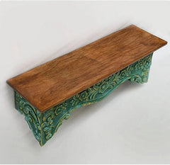 Hand Carved Mango Wood Wall Decor Floating Shelf for Living Room Green