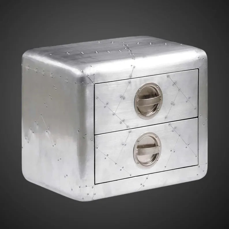 Aviator Aluminum Aviation rivet detail Aviator Side Table with 2 Drawers, Aluminum Stool