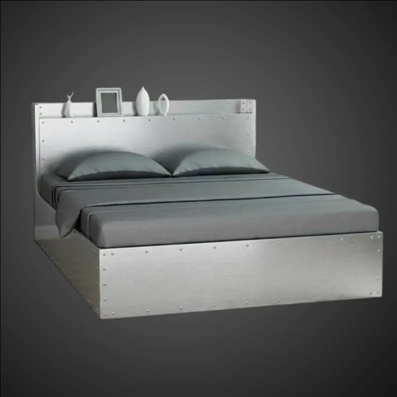 Industrial Metal Platform Bed with Built-in Storage Headboard – Riveted Design Brushed Aluminum Bed Frame - Modern Aviator Furniture