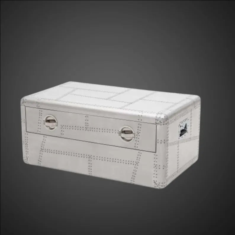 Aviator Riveted Aluminum Coffee Table Trunk with 2 Drawers - Industrial Metal Aviation-Inspired Center Table - Moder Living Room Furniture