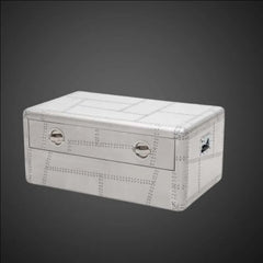 Aviator Riveted Aluminum Coffee Table Trunk with 2 Drawers - Industrial Metal Aviation-Inspired Center Table - Moder Living Room Furniture