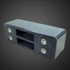 Aviator Style Riveted Metal TV Stand – Industrial Media Console with 4 Drawers and Open Shelving – Black Gloss Finish