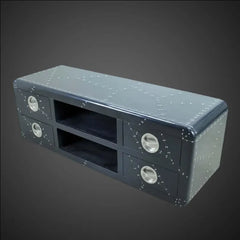 Aviator Style Riveted Metal TV Stand – Industrial Media Console with 4 Drawers and Open Shelving – Black Gloss Finish