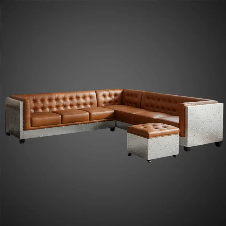 Aviator Industrial L-Shape Sectional Sofa | Riveted Aluminum & Leather | Vintage Aviation Inspired Wing Style Executive Couch with Ottoman