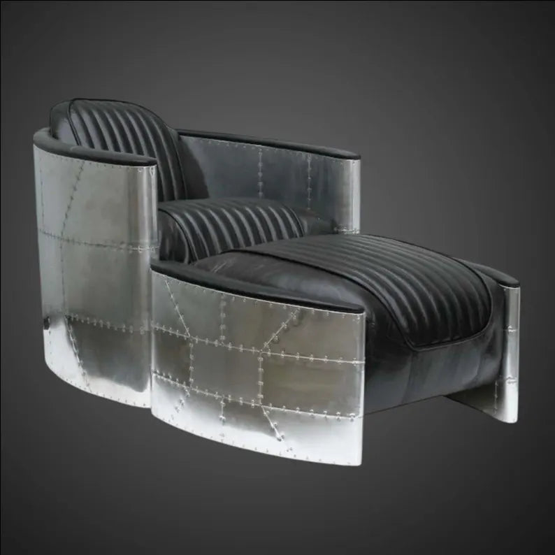 Aviator Chaise Lounge Chair with Ottoman | Industrial Hand-Riveted Aluminum Executive Armchair | Spitfire Chaise Lounge For Living Room