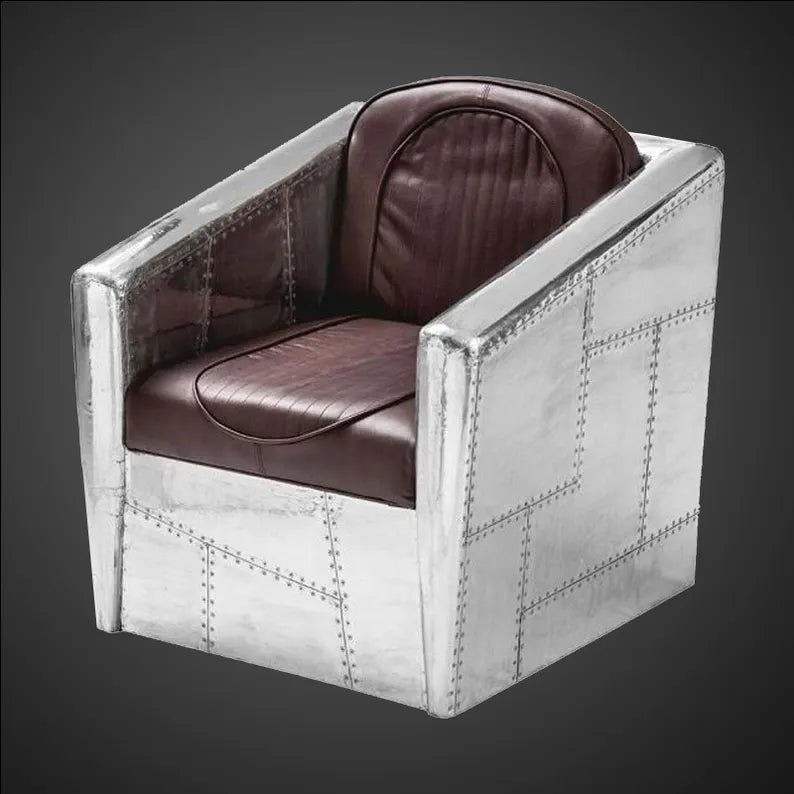 Aviator Club Chair with Brown Leather – Industrial Riveted Aluminum Armchair – Vintage Airplane Style Accent Chair – Seating for Office