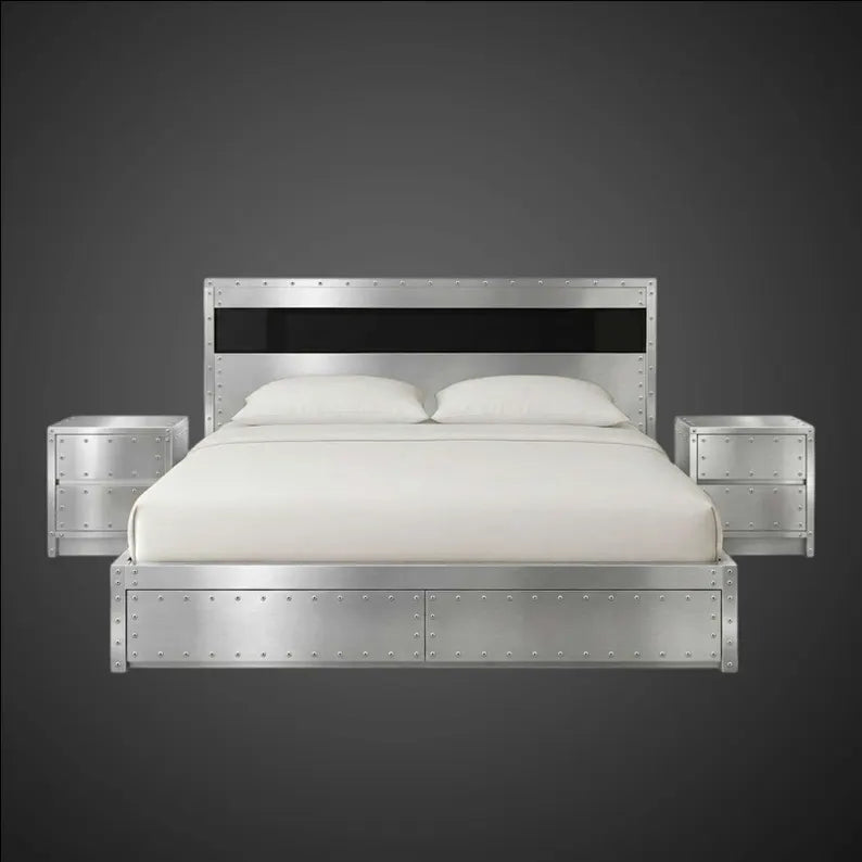 Industrial Aluminum King Platform Bed Frame with Rivet Details and Nightstands - Modern Aviator Bed - Wing-Style Headboard