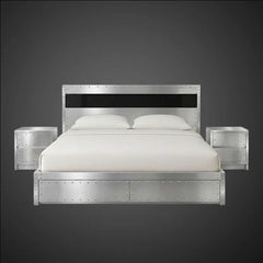 Industrial Aluminum King Platform Bed Frame with Rivet Details and Nightstands - Modern Aviator Bed - Wing-Style Headboard