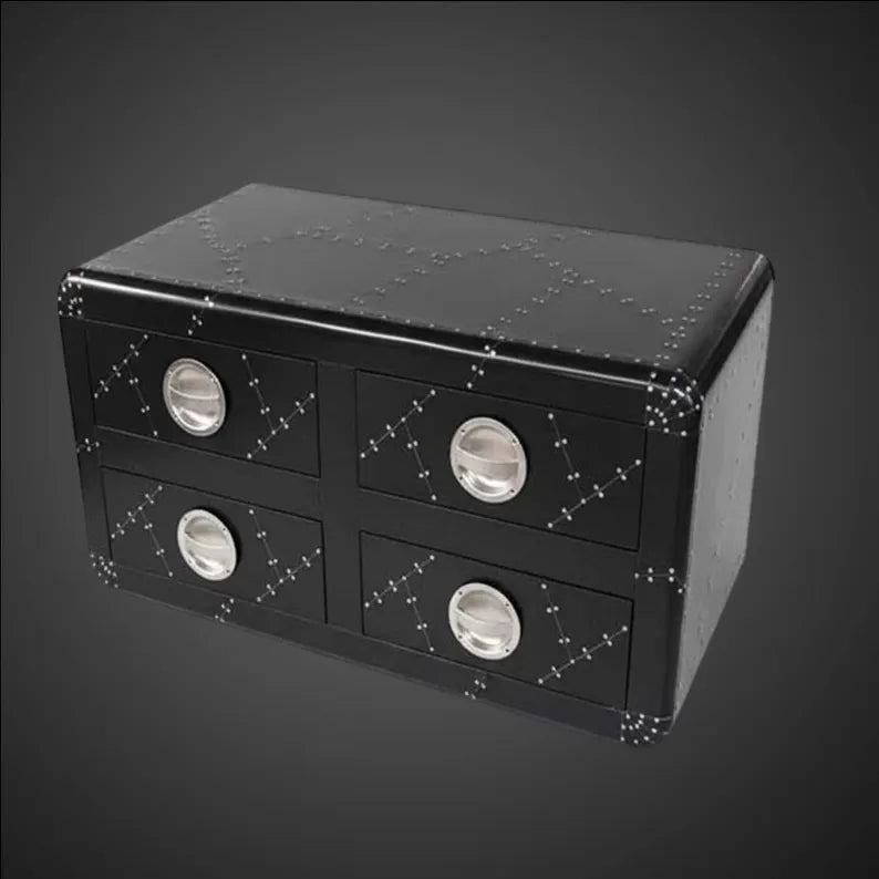 Aviator 4-Drawer Industrial Accent Chest – Black Aluminum Riveted Coffee Table & Storage Trunk - Modern Living room furniture