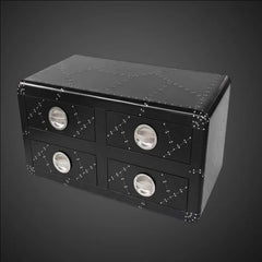Aviator 4-Drawer Industrial Accent Chest – Black Aluminum Riveted Coffee Table & Storage Trunk - Modern Living room furniture