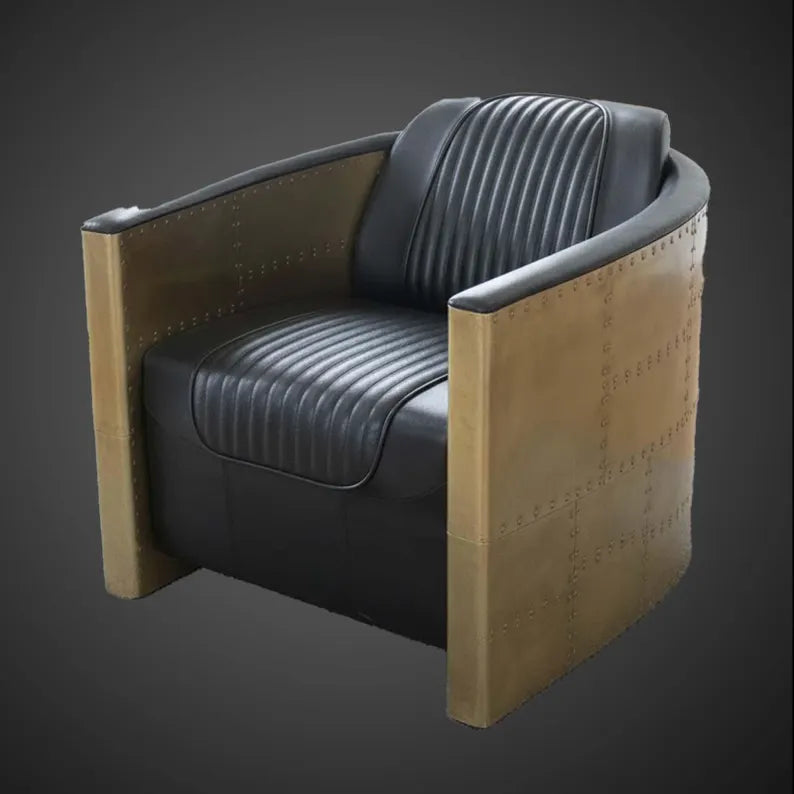 Aviator Club Chair - Vintage Jet Engine Style Armchair with Riveted Aluminum Panels and Ribbed Black Leather | Industrial Accent Chair