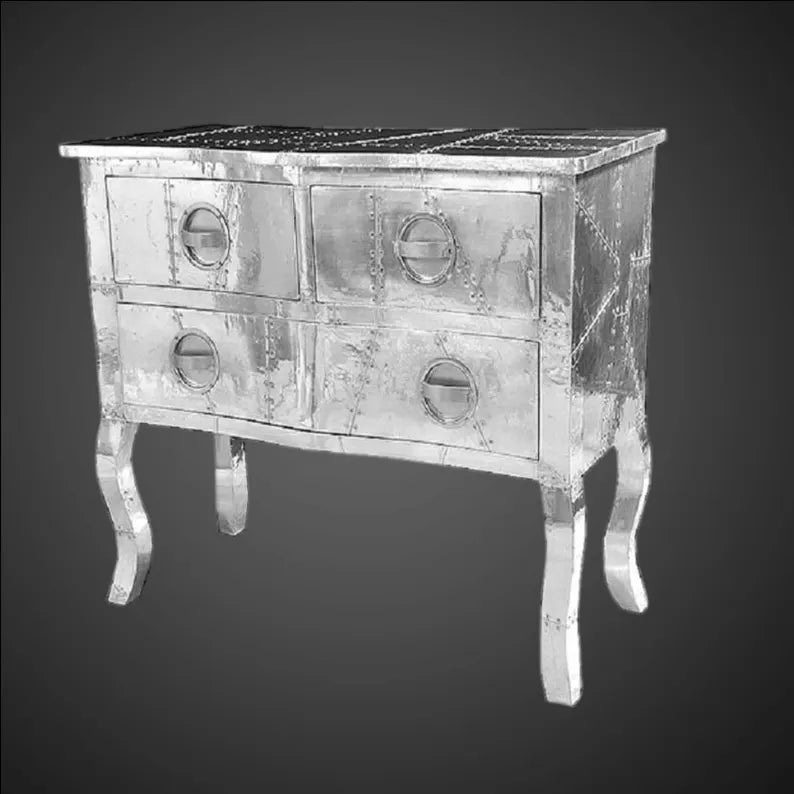 Riveted Aluminum 4-Drawer Chest | Industrial Metal TV Stand & Media Console | Vintage Aircraft Dresser | Aerospace-Inspired Accent Furniture