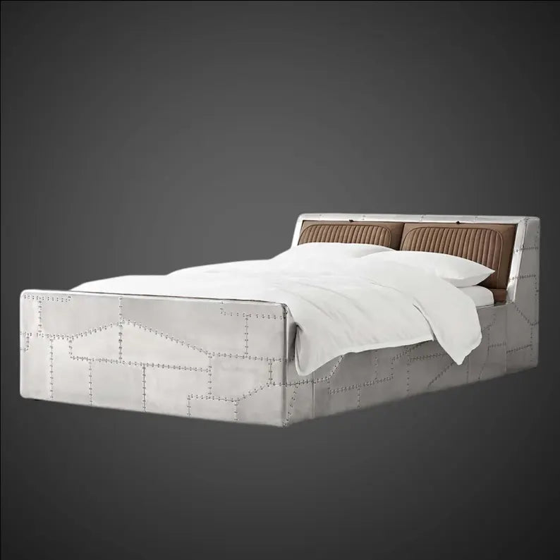 Aviator Wing Aluminum Riveted Bed Frame – Industrial Silver Metal Platform Bed with Leather Headboard