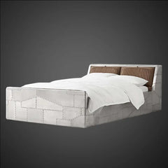 Aviator Wing Aluminum Riveted Bed Frame – Industrial Silver Metal Platform Bed with Leather Headboard