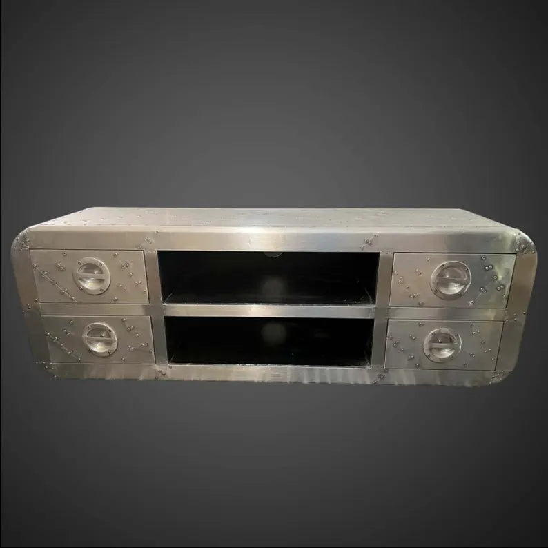 Aviator TV Stand Media Console - Industrial Hand-Riveted Aluminum Center Table with 4 Drawers and Open Shelves for Living room