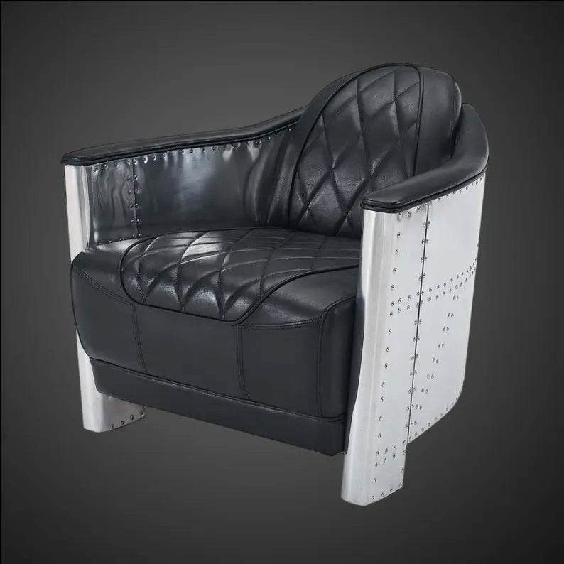 Aviator Tomcat Club Chair - Black Diamond Quilted Leather Armchair - Industrial Aluminum Riveted Lounge Chair - Mid-Century Accent Chair