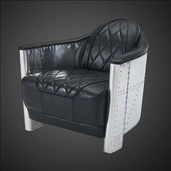 Aviator Tomcat Club Chair - Black Diamond Quilted Leather Armchair - Industrial Aluminum Riveted Lounge Chair - Mid-Century Accent Chair