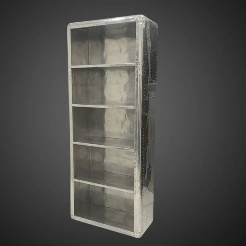 Aviator Aluminum Bookcase - Industrial 5-Shelf Display Cabinet - Hand-Riveted Metal Bookshelf - Vintage Airplane Inspired Library Display