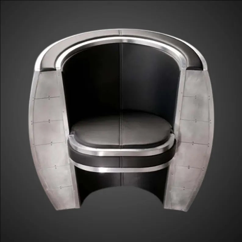 Aviator Engine Cowling Chair - Hand-Riveted Aluminum & Black Leather Industrial Armchair - Steampunk Lounge Decor