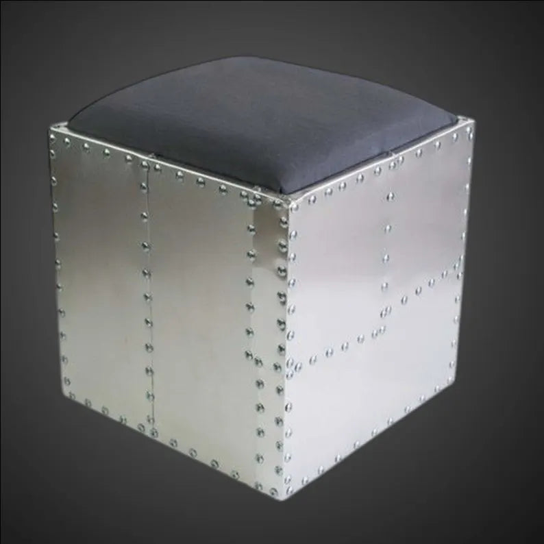 Aviator Aluminum Padded Ottoman - Hand-Riveted Industrial Metal Pouf & Footrest - Aluminum Stool with Padded Top - Aircraft Style Decor