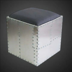 Aviator Aluminum Padded Ottoman - Hand-Riveted Industrial Metal Pouf & Footrest - Aluminum Stool with Padded Top - Aircraft Style Decor