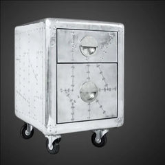 Aviator Aluminum Nightstand on Rolling Wheels - Industrial Riveted Metal End Table - 2-Drawer Aircraft Style Office Cabinet