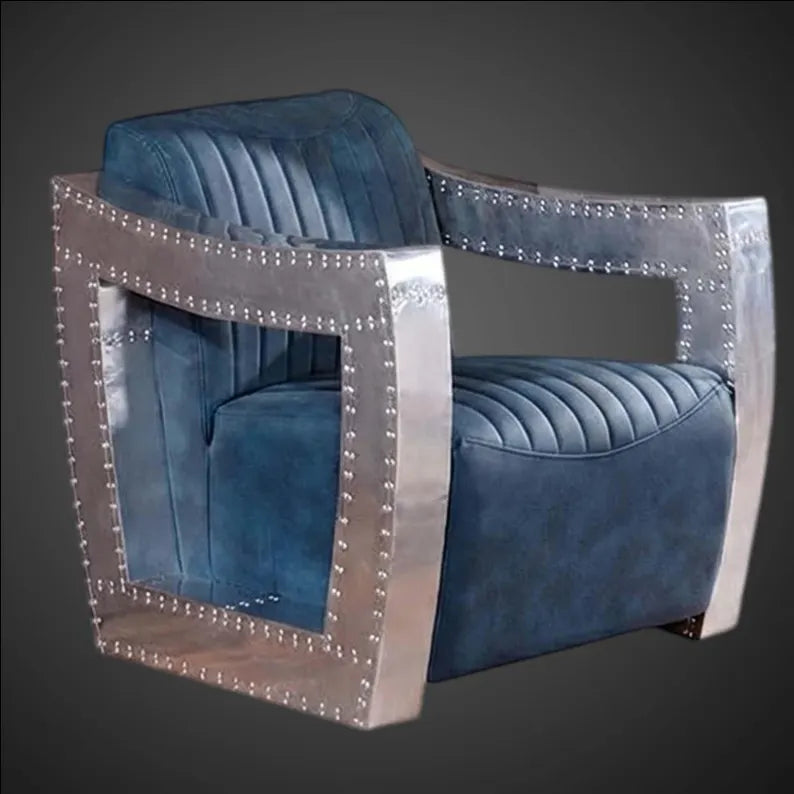 Aviator Blue Leather Accent Chair - Hand-Riveted Aluminum Armchair - Industrial Spitfire Living Room Seating - Vintage Aircraft Furniture