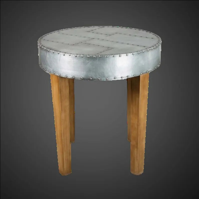Aviator Round Side Table - Riveted Aluminum & Solid Wood Tripod End Table - Industrial Aircraft Style Accent Table for Living Room or Office