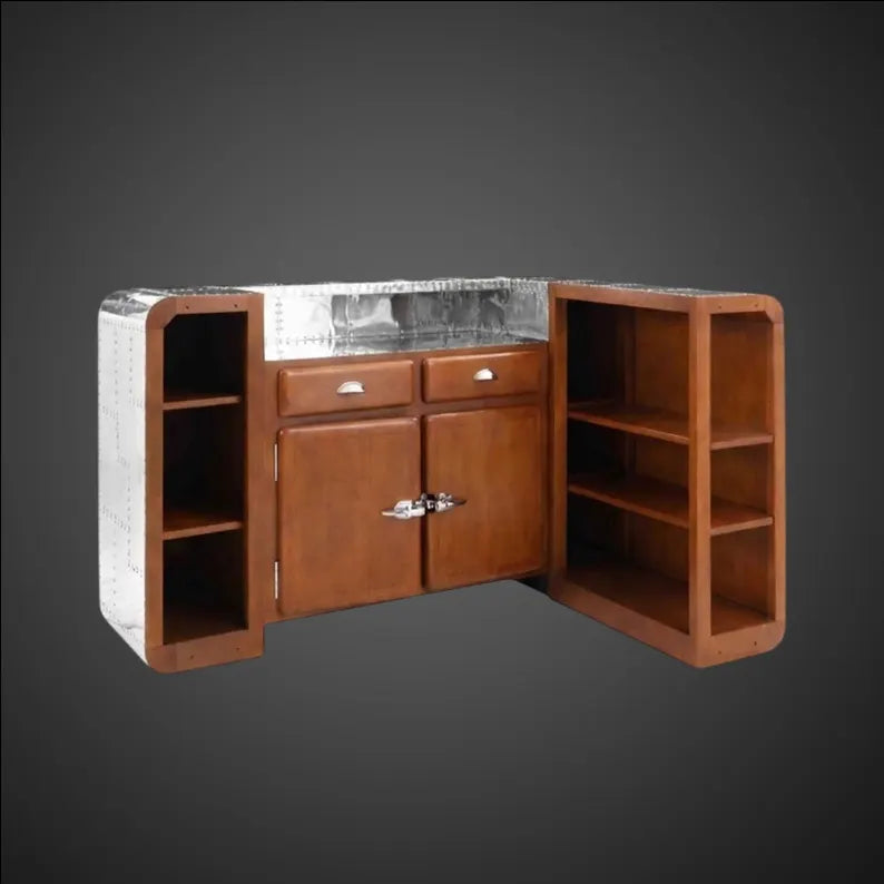 Industrial Aviator Home Bar Cabinet – Hand-Riveted Aluminum & Solid Wood Sideboard with Storage Shelves and Drawers for Office, Lounge
