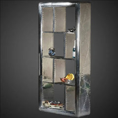 Aviator Industrial Aluminum Bookshelf - Hand-Riveted Metal Display Cabinet - Art Deco Wing-Inspired Tall Shelving Unit - Luxury Office Decor
