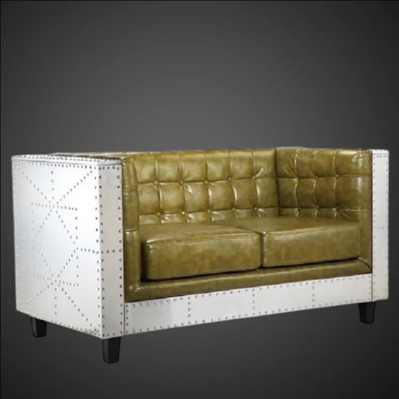 Aviator 2-Seater Sofa in Olive Green Top Grain Leather – Industrial Riveted Aluminum Loveseat - Aircraft Style Couch, Modern Office Decor